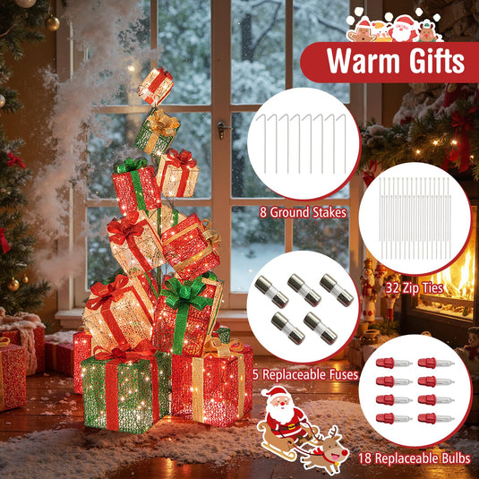 Goplus 15 Pieces Stackable Pre-lit Lighted Boxes Tower w/ 450 Warm White Lights