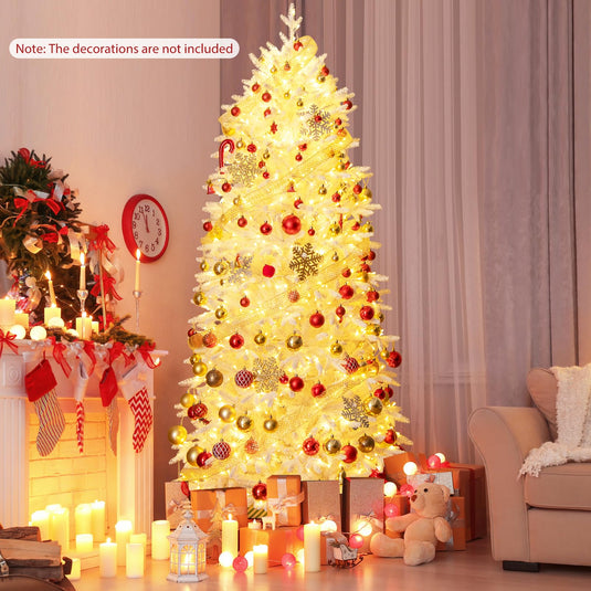 Goplus 7ft Pre-Lit White Christmas Tree with Wheels & 900 Warm White LED Lights