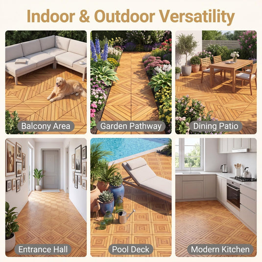 Goplus 24/48-Pack Acacia Wood Interlocking Deck Tiles (Diagonal) | Outdoor Waterproof