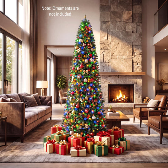Goplus 9ft Pre-Lit Pencil Christmas Tree with 550 Lights and 9 Light-Modes