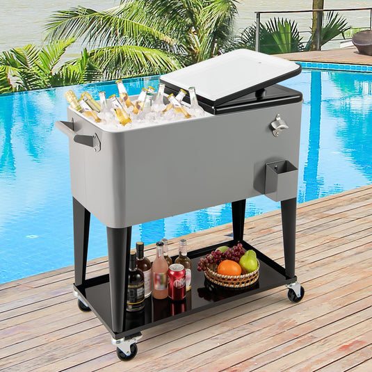 Goplus 80-Quart Rolling Ice Chest Outdoor Cooler Cart with Wheels and Stoage Shelf