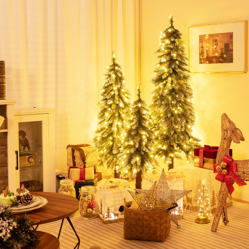 Load image into Gallery viewer, Goplus 3&#39; 4&#39; 5&#39; Pre-Lit Artificial Christmas Tree Set, Slim Pencil Xmas Trees with Snowy Leaves
