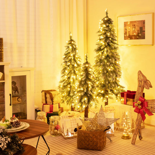 Goplus 3' 4' 5' Pre-Lit Artificial Christmas Tree Set, Slim Pencil Xmas Trees with Snowy Leaves