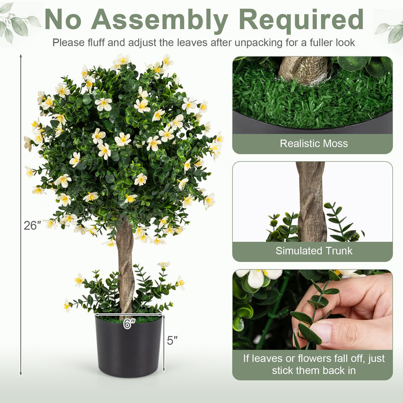Load image into Gallery viewer, Goplus 26" Artificial Topiary Trees Set of 2 | Realistic Potted Plants w/ White Blossoms and Round Leaves
