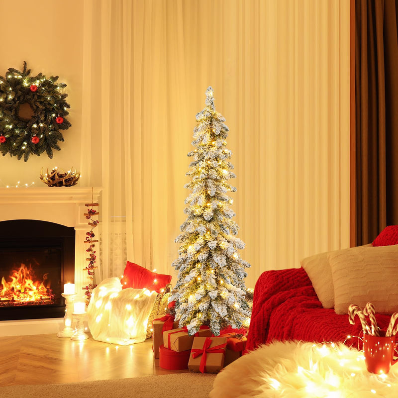Load image into Gallery viewer, Goplus Pre-Lit Flocked Pencil Christmas Tree Artificial Slim Xmas Tree
