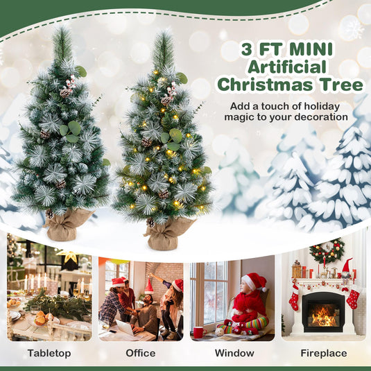 Goplus 3ft Pre-Lit Mini Tabletop Christmas Tree with 30 Warm White LED Lights, Timer, 98 Flocked PVC & Pine Needles
