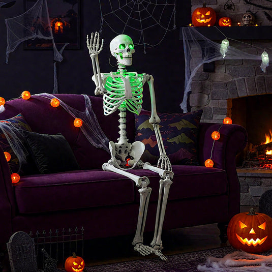 Goplus 63" Life-Size Posable Skeleton with Green LED Lights Halloween Lighted Skeleton Decoration
