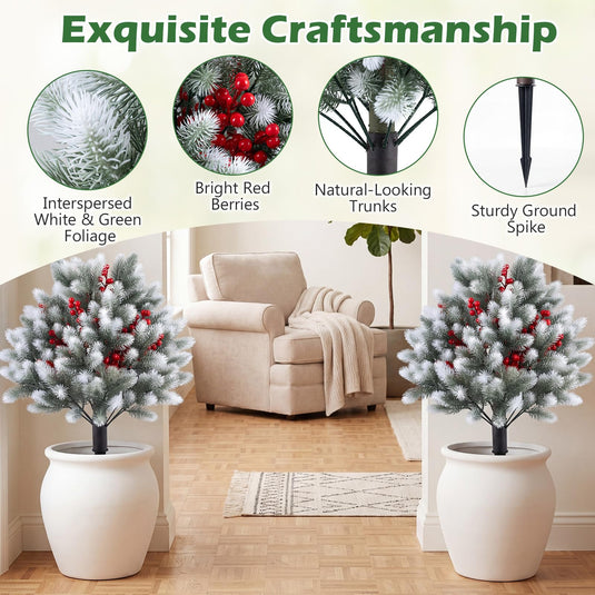 Goplus 27.5" Faux Pine Needle Bushes with Ground Spikes | Artificial Cedar Topiary Ball Trees Set of 2