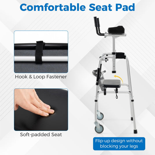 Goplus Folding Walker 450 Lbs Foldable Standard Walker with 5'' Wheels Seat and Removable Armrests
