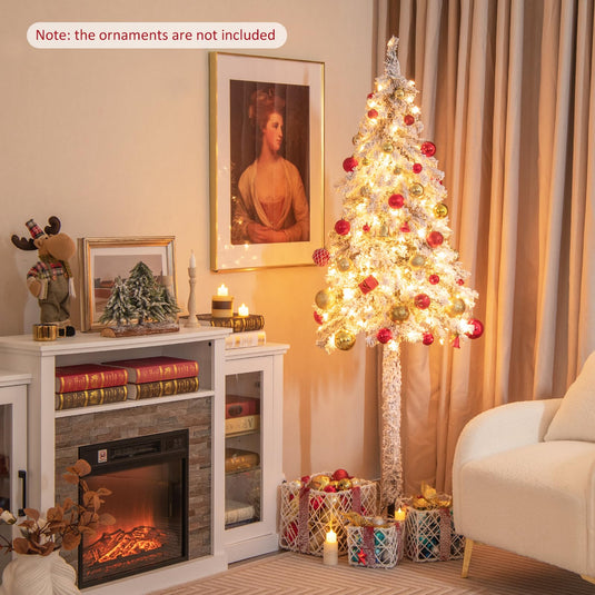 Goplus 6ft Pre-Lit Slim Pencil Christmas Tree Artificial Snow Flocked Xmas Tree