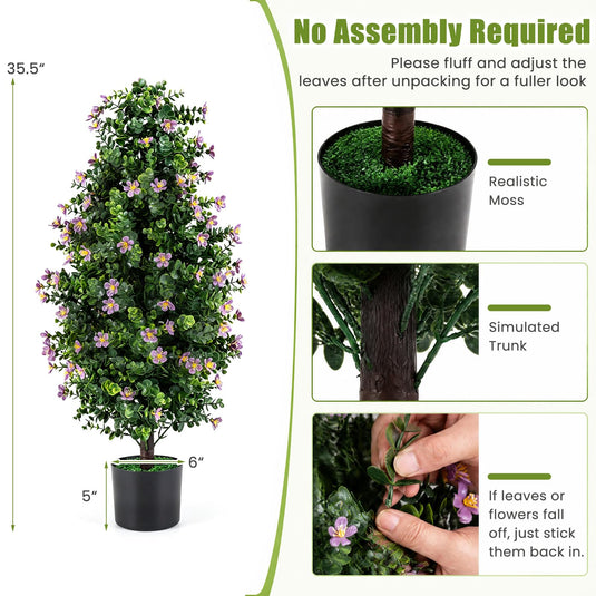 Goplus Set of 2 Artificial Topiary Trees | 3 FT Fake Bushes w/ Round Leaves and Blossoms