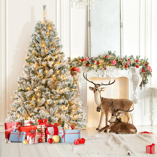 Goplus 3-Minute-Setup Pre-Lit Snow Flocked Christmas Tree Artificial Hinged Xmas Tree