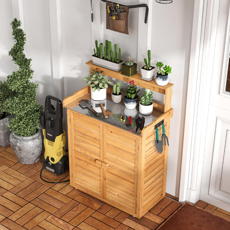 Load image into Gallery viewer, Goplus Outdoor Potting Bench Table, Gardening Table w/Storage Cabinet, Galvanized Metal Tabletop
