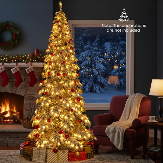 Goplus 9 FT Pre-Lit Snow Flocked Drooping Christmas Tree with Quick Power Connectors