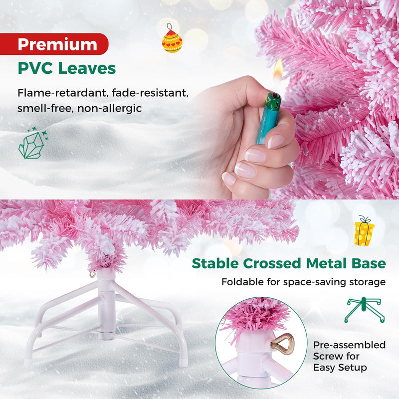 Load image into Gallery viewer, Goplus 5ft/6ft/7ft Pink Pre-Lit Flocked Christmas Trees | Hinged Artificial Xmas Tree
