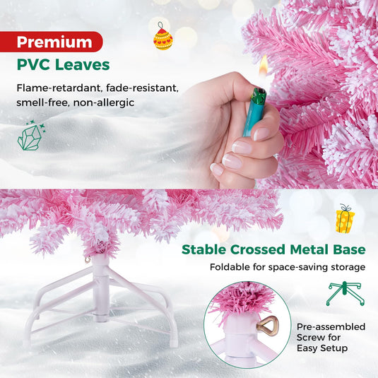 Goplus 5ft/6ft/7ft Pink Pre-Lit Flocked Christmas Trees | Hinged Artificial Xmas Tree