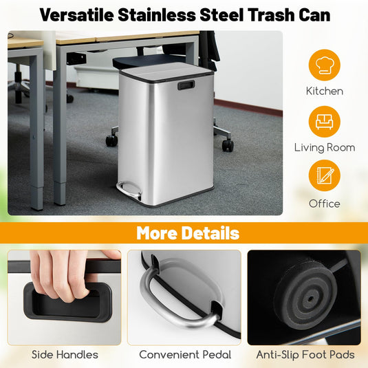 Goplus 12 Gallon Stainless Steel Trash Can, Kitchen Waste Bin with Soft-Closing Wing Lids & Removable Inner Bucket