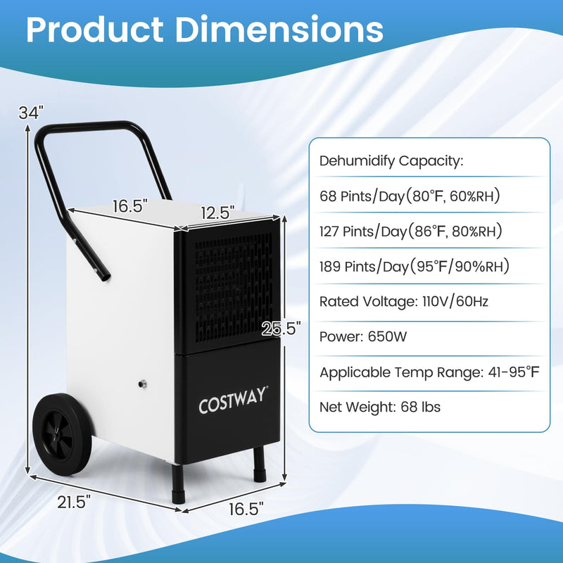 Load image into Gallery viewer, 189 Pints Commercial Dehumidifier with Pump, 3.3Ft Drain Hose &amp; Wheels

