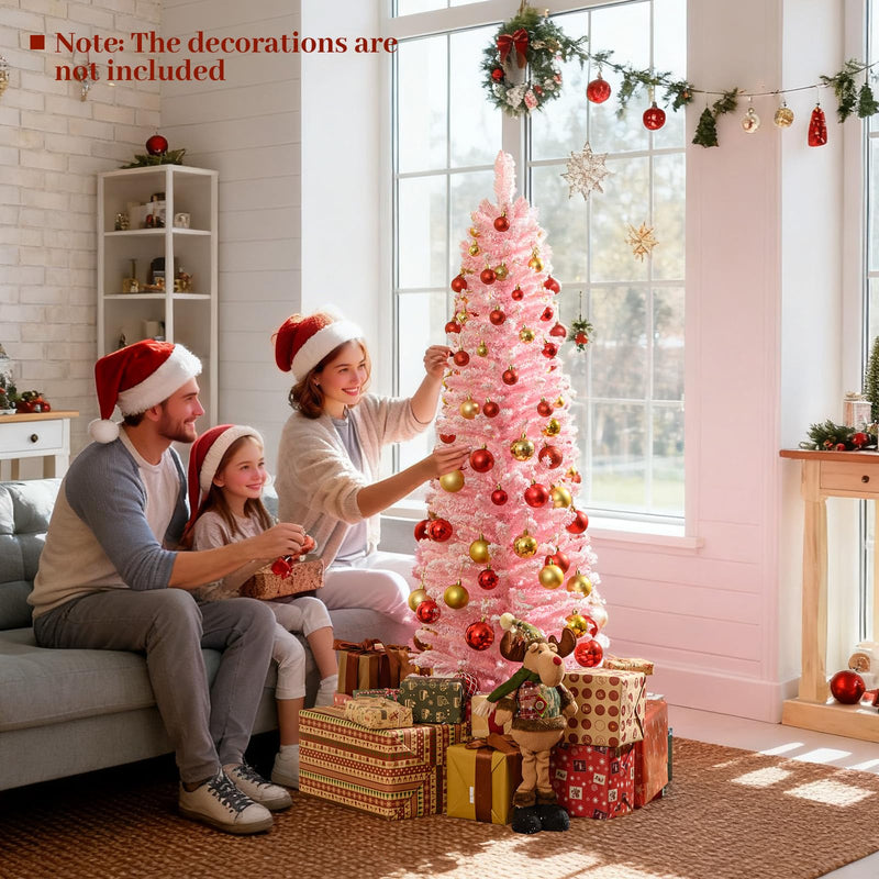 Load image into Gallery viewer, Goplus 5ft / 6ft Pink Slim Pencil Christmas Tree | Snow Flocked Skinny Xmas Full Tree
