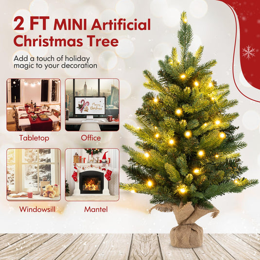 Goplus 2ft Pre-Lit Tabletop Christmas Tree, Small Artificial Spruce Tree w/ 35 LED Lights