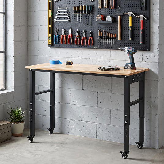 Goplus 46 Inch Adjustable Height Workbench with Power Outlets and Wheels