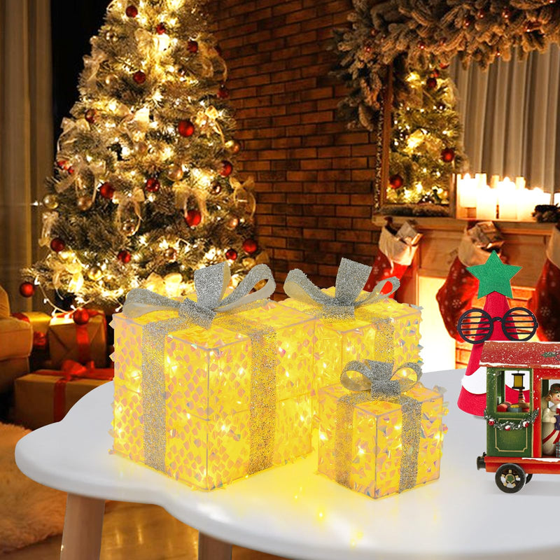 Load image into Gallery viewer, Goplus 3 Pieces Christmas Lighted Gift Boxes ( Laser Fish Scale )
