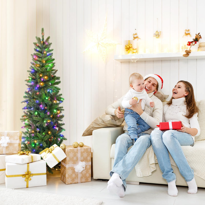 Load image into Gallery viewer, Goplus 5ft Pre-Lit Pencil Christmas Tree, Hinged Artificial Slim Tree with 390 PVC PE Branch Tips
