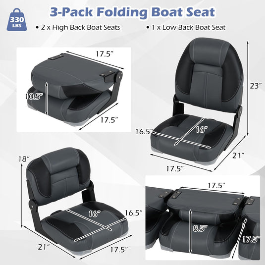 Goplus 3-Pack Folding Boat Seats, 2 High-Back & 1 Low-Back Bass Boat Chairs w/ 28D Soft Sponge Padding