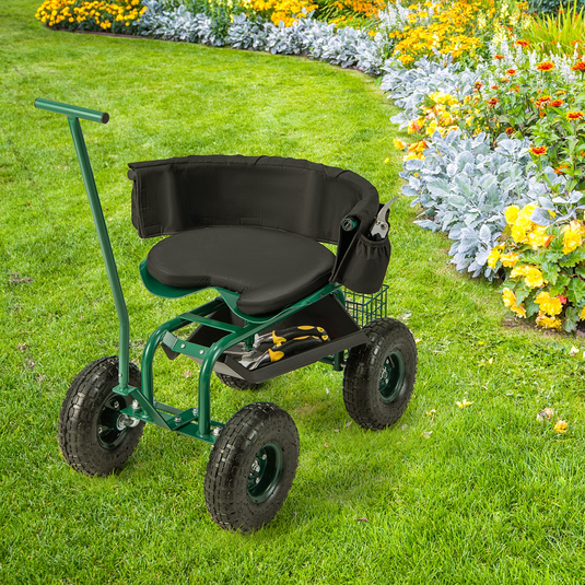 Goplus Rolling Garden Cart, Garden Scooter with Seat & Tool Storage, Outdoor Gardening Workseat