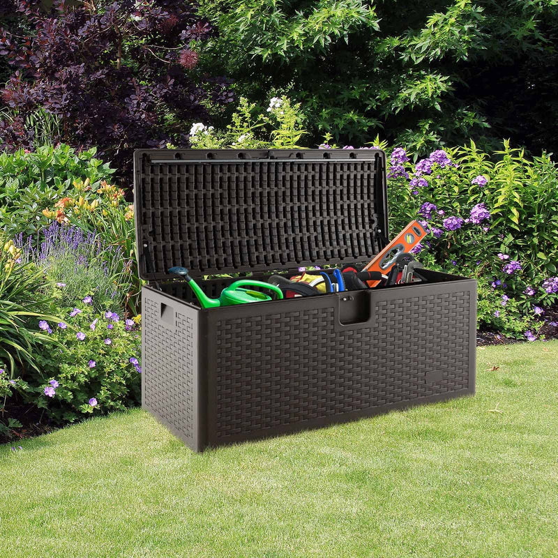 Load image into Gallery viewer, Goplus Outdoor Storage Box, 31 73 100 Gallon Waterproof Resin Patio Storage Box with Lockable Lid, Side Handle for Pillows, Cushions
