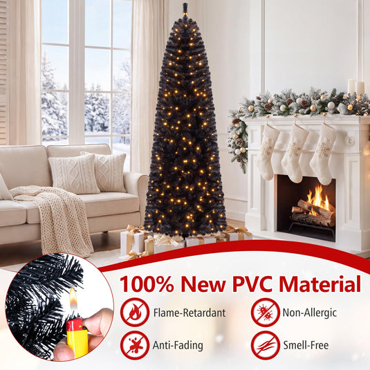 Goplus 7FT/8FT Pencil Christmas Tree with 8 Lighting Modes | Slim Artificial Fir Xmas Tree