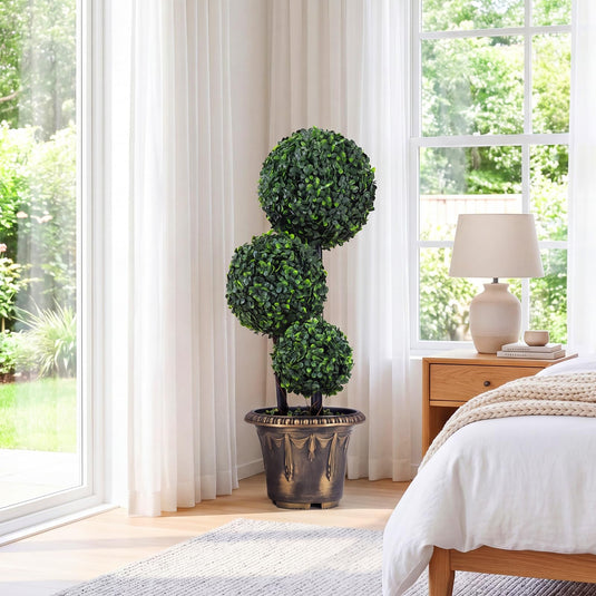 Goplus 2.5 FT Artificial Boxwood Topiary Tree Evergreen Faux Potted Plants (1/2 Pack)
