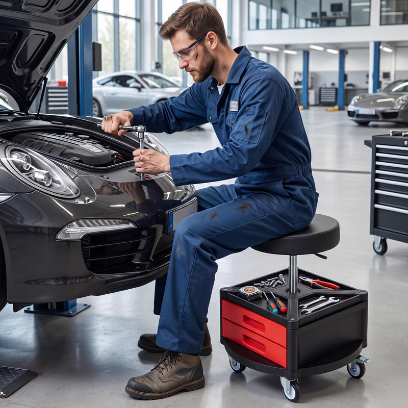 Load image into Gallery viewer, Goplus Rolling Mechanic Stool with Cushioned Seat with 3 Drawers and Tool Tray

