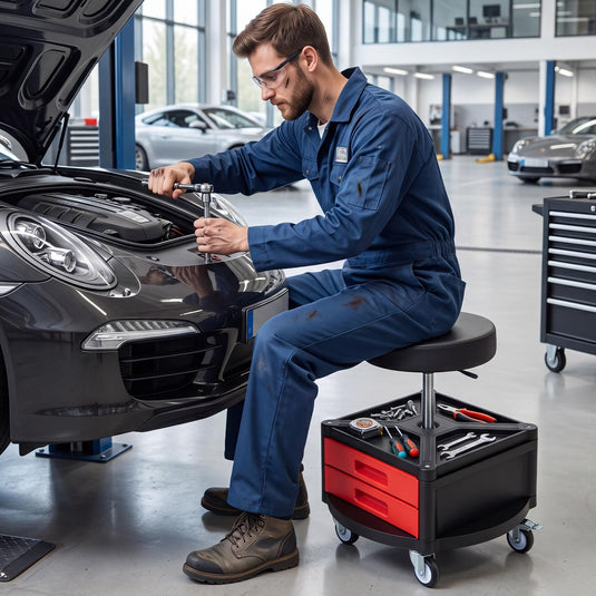 Goplus Rolling Mechanic Stool with Cushioned Seat with 3 Drawers and Tool Tray