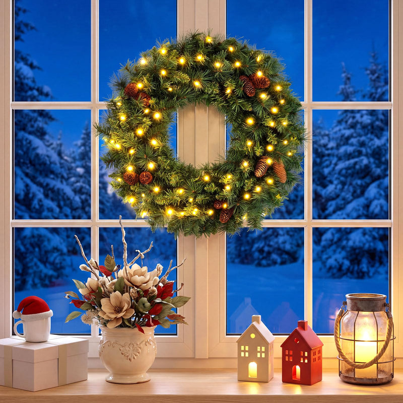 Load image into Gallery viewer, Goplus 24" Christmas Wreath with 10 Pine Cones and 50 Warm White LED Lights
