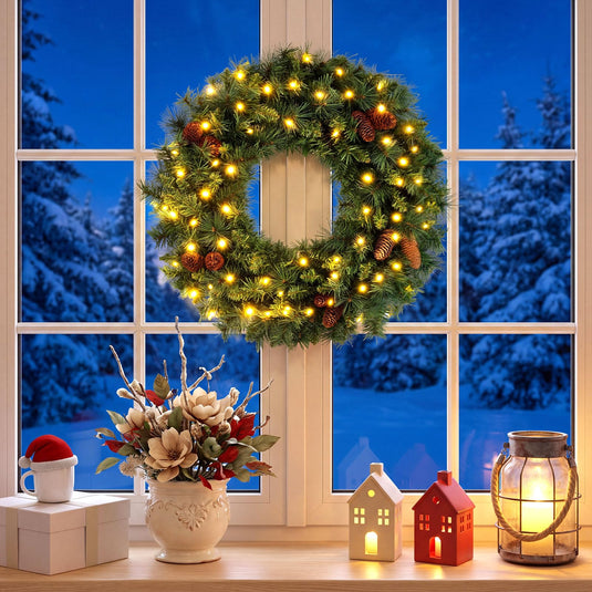 Goplus 24" Christmas Wreath with 10 Pine Cones and 50 Warm White LED Lights