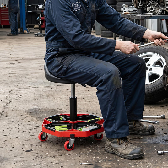 Goplus Rolling Mechanic Stool with Tool Storage Tray | PU Leather Seat Cushion