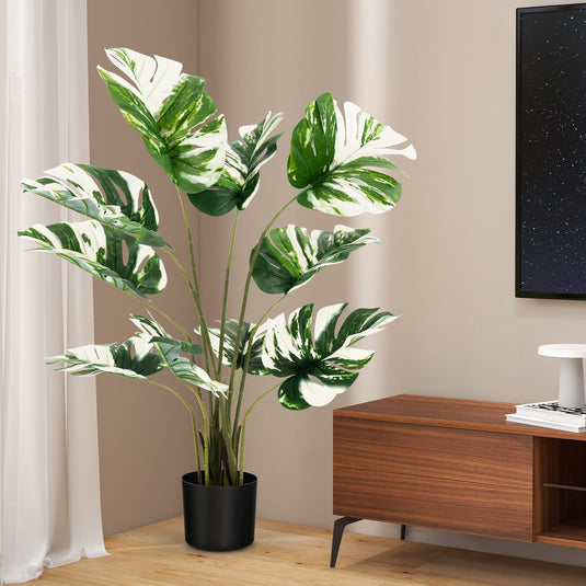 monstera deliciosa fake Goplus 4ft Artificial Monstera Deliciosa Plant, 2 Pack Tall Fake Tropical Palm Tree in Pot with 10 Decorative Split Leaves