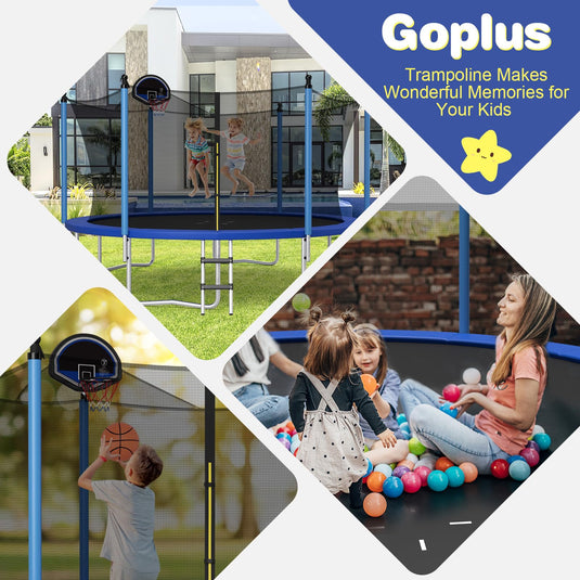 Goplus 12FT 14FT ASTM Approved Trampoline with Basketball Hoop and Internal-Net
