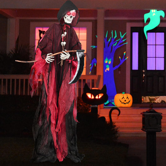 Goplus 8 Ft Halloween Animatronics, Sound & Touch Activated Grim Reaper with Sickle, Glowing LED Eyes & Scary Voices