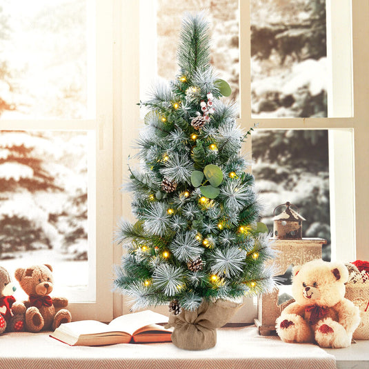 Goplus 3ft Pre-Lit Mini Tabletop Christmas Tree with 30 Warm White LED Lights, Timer, 98 Flocked PVC & Pine Needles