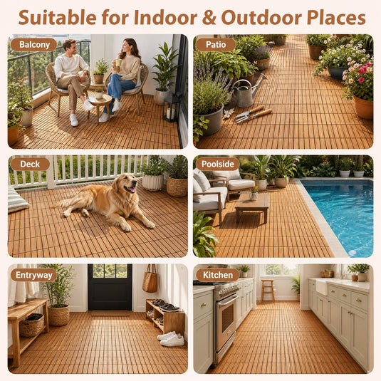 Goplus 27/54-Pack Acacia Wood Interlocking Deck Tiles (Grid) | All-Weather Flooring Tiles