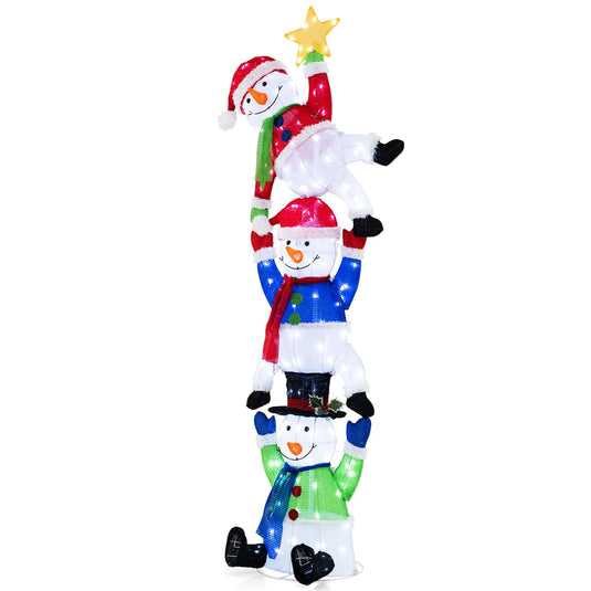 Goplus 6 ft Christmas Stacked Snowman, 3D Pre-Lit Snowman Decoration w/ 155 LED Lights