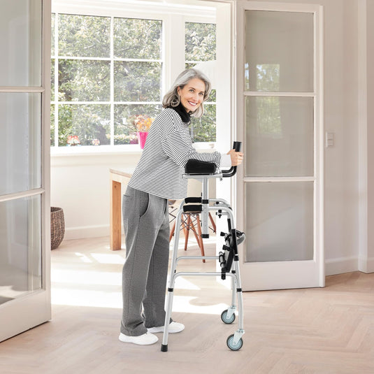 Goplus Folding Walker 450 Lbs Foldable Standard Walker with 5'' Wheels Seat and Removable Armrests