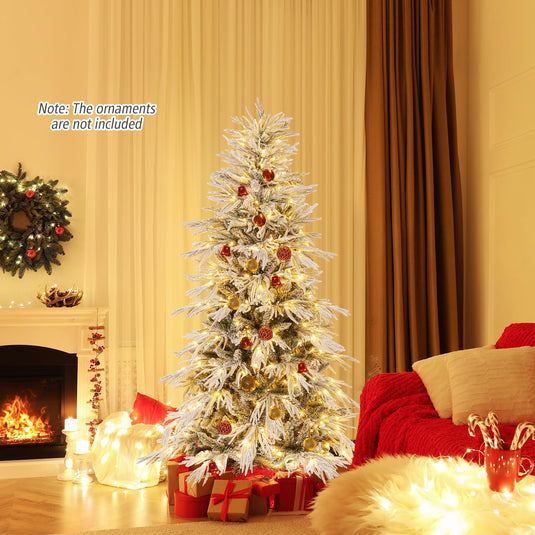 Goplus 6FT / 7FT / 8FT Pre-Lit Snow Flocked Christmas Tree with PE & PVC Mixed Branch Tips