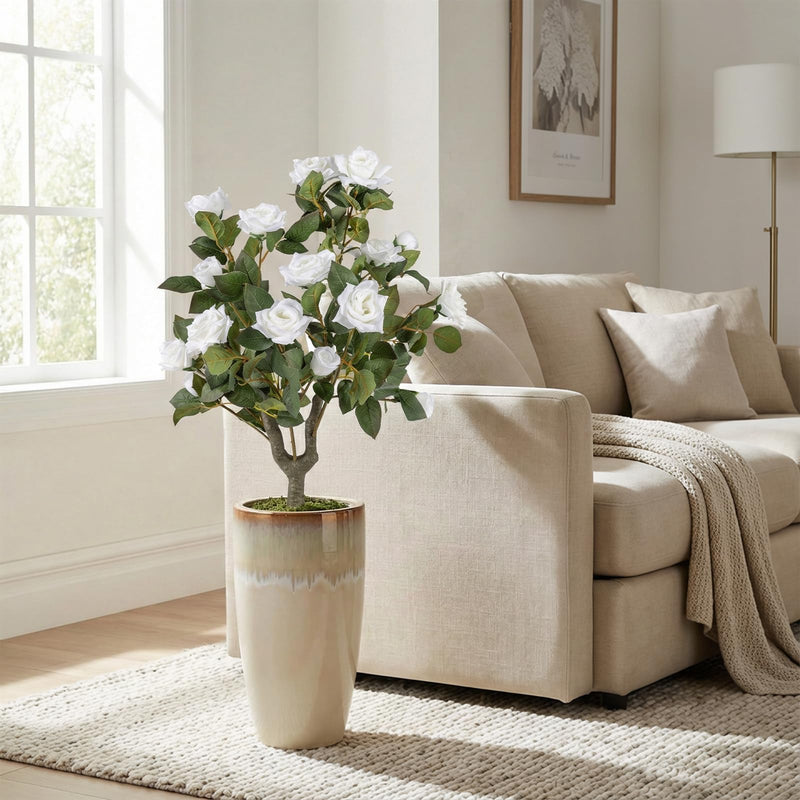 Load image into Gallery viewer, Goplus 31.5” 2 Pack Artificial Rose Flower Trees with Spikes &amp; 18 White Flowers
