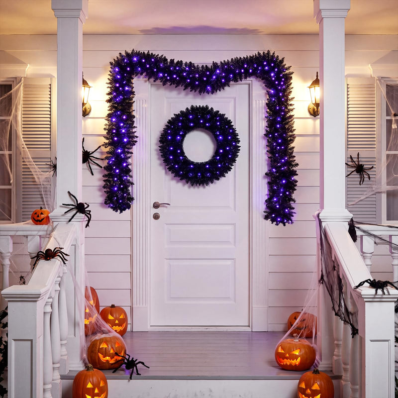 Load image into Gallery viewer, Goplus 24" Black Halloween Wreath and 9 ft Garland Set for Christmas
