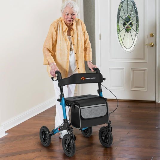 Goplus Walkers for Seniors with Seat 2 in 1 Folding Rolling Rollator Walker with 9" Pneumatic Tires for All Terrain