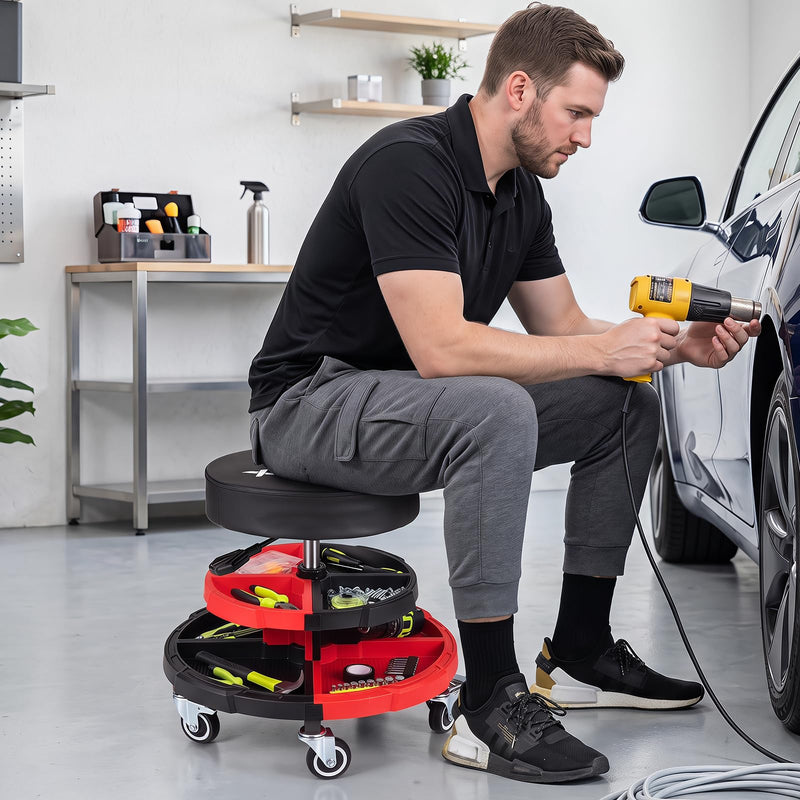 Load image into Gallery viewer, Goplus Rolling Mechanic Stool with Cushioned Seat w/ Dual Tool Trays
