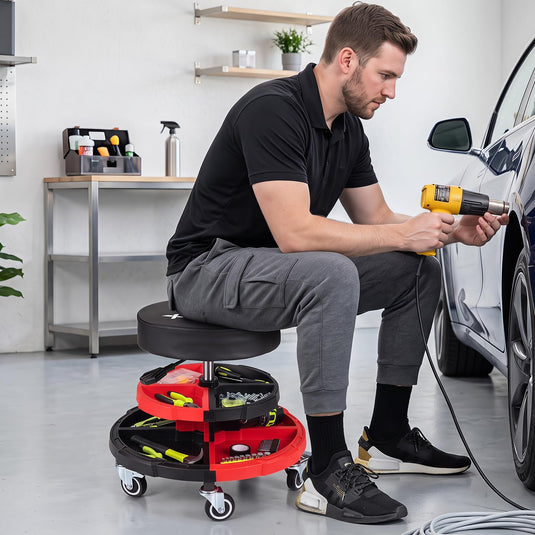 Goplus Rolling Mechanic Stool with Cushioned Seat w/ Dual Tool Trays